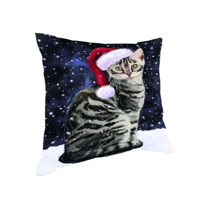 Let it Snow Christmas Holiday Bengal Cat Wearing Santa Hat Throw Pillow