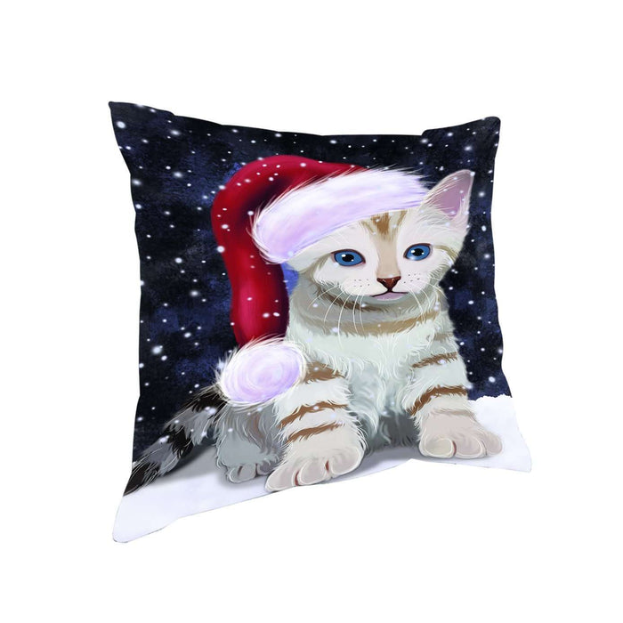 Let it Snow Christmas Holiday Bengal Cat Wearing Santa Hat Throw Pillow