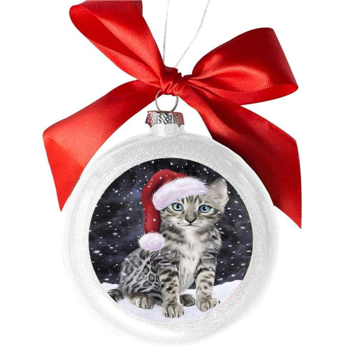 Let it Snow Christmas Holiday Bengal Cat White Round Ball Christmas Ornament WBSOR48918