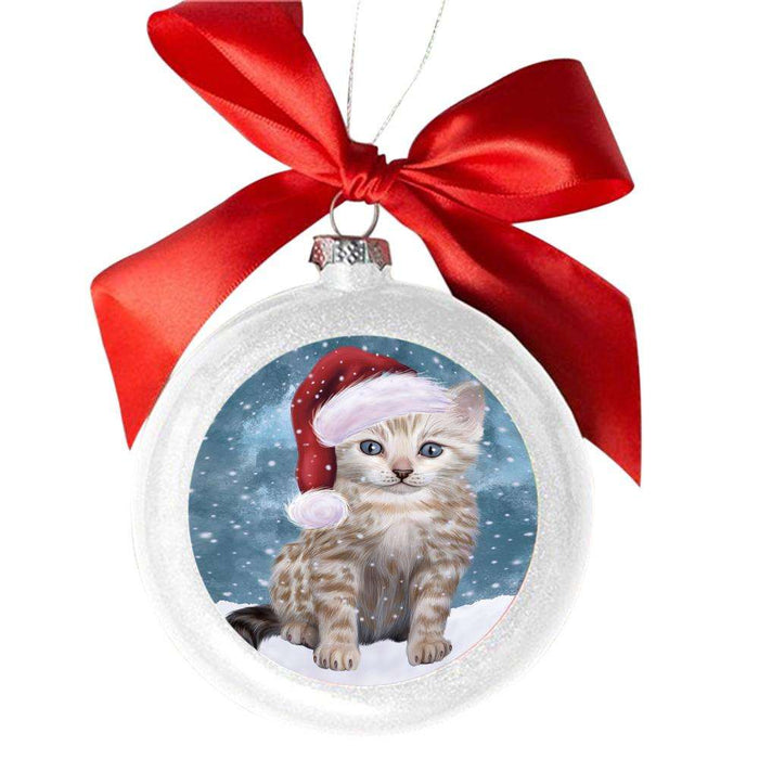 Let it Snow Christmas Holiday Bengal Cat White Round Ball Christmas Ornament WBSOR48920