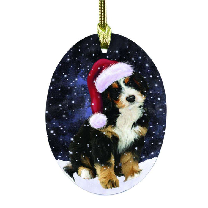 Let it Snow Christmas Holiday Bernedoodle Dog Oval Glass Christmas Ornament OGOR48440