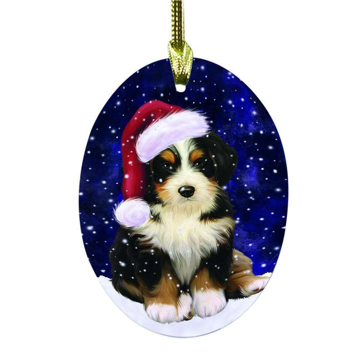 Let it Snow Christmas Holiday Bernedoodle Dog Oval Glass Christmas Ornament OGOR48441
