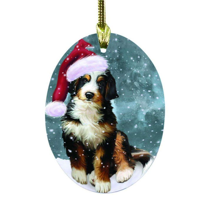 Let it Snow Christmas Holiday Bernedoodle Dog Oval Glass Christmas Ornament OGOR48442