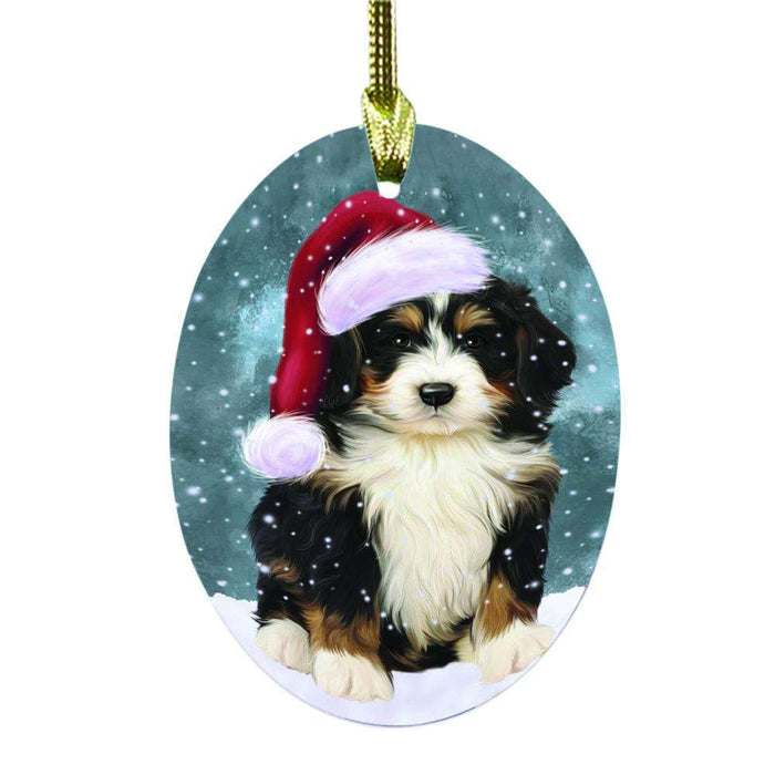 Let it Snow Christmas Holiday Bernedoodle Dog Oval Glass Christmas Ornament OGOR48443