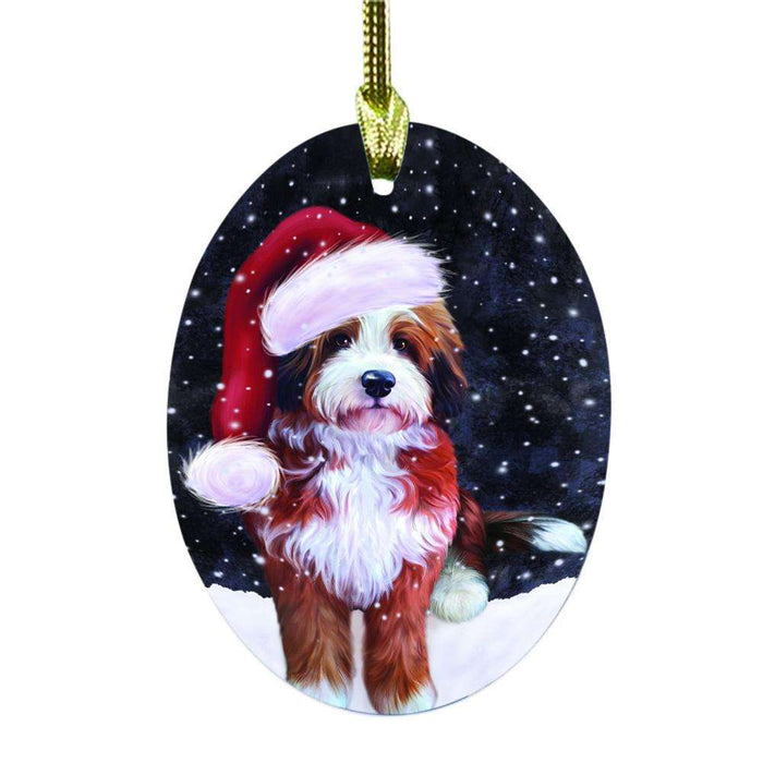 Let it Snow Christmas Holiday Bernedoodle Dog Oval Glass Christmas Ornament OGOR48444