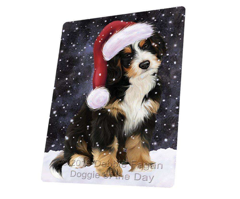 Let it Snow Christmas Holiday Bernedoodle Dog Wearing Santa Hat Art Portrait Print Woven Throw Sherpa Plush Fleece Blanket