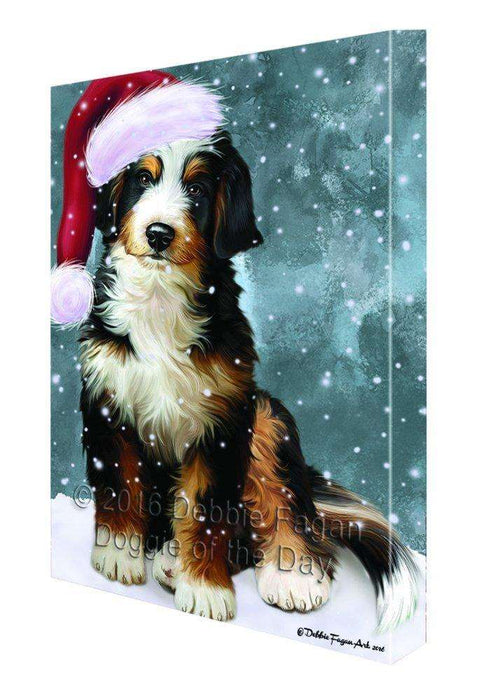 Let it Snow Christmas Holiday Bernedoodle Dog Wearing Santa Hat Canvas Wall Art