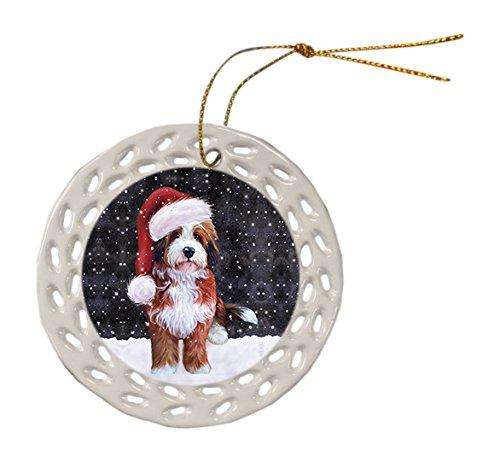 Let it Snow Christmas Holiday Bernedoodle Dog Wearing Santa Hat Ceramic Doily Ornament D054