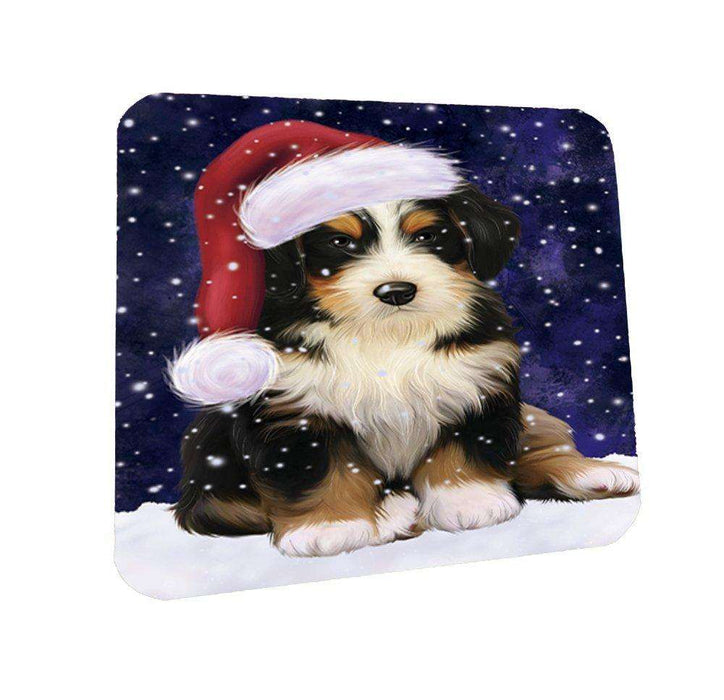 Let it Snow Christmas Holiday Bernedoodle Dog Wearing Santa Hat Coasters Set of 4
