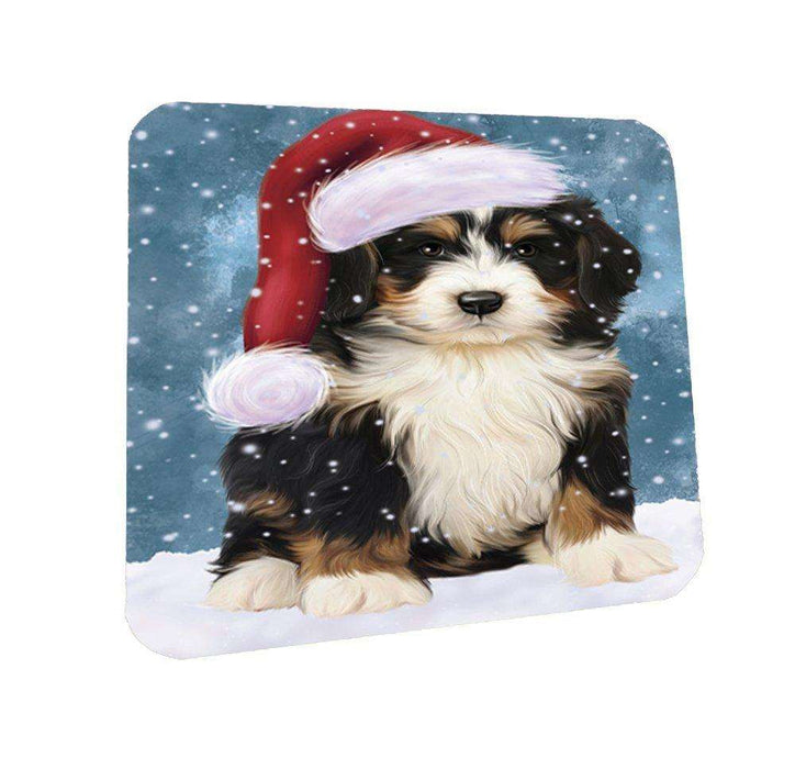 Let it Snow Christmas Holiday Bernedoodle Dog Wearing Santa Hat Coasters Set of 4