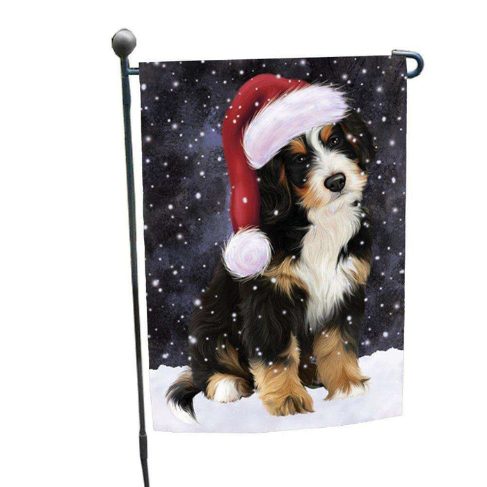 Let it Snow Christmas Holiday Bernedoodle Dog Wearing Santa Hat Garden Flag