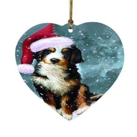 Let it Snow Christmas Holiday Bernedoodle Dog Wearing Santa Hat Heart Ornament D313