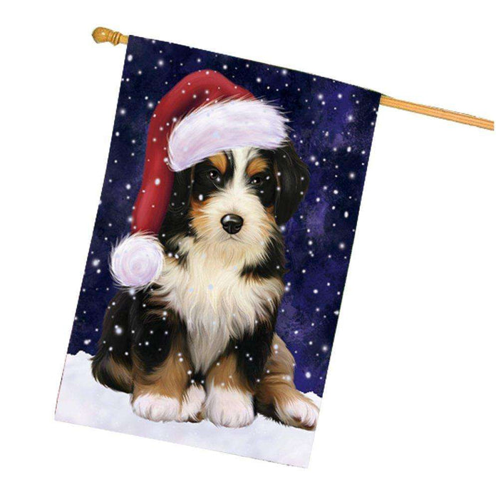 Let it Snow Christmas Holiday Bernedoodle Dog Wearing Santa Hat House Flag