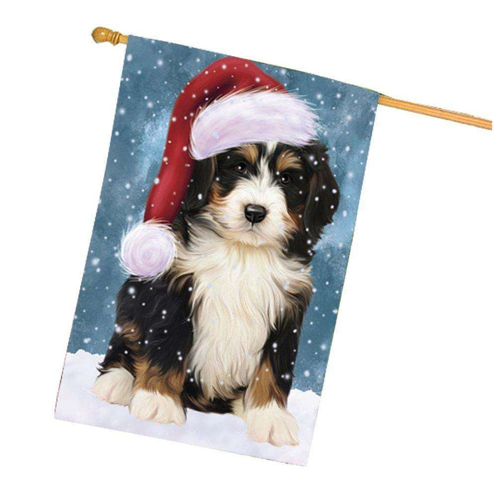 Let it Snow Christmas Holiday Bernedoodle Dog Wearing Santa Hat House Flag