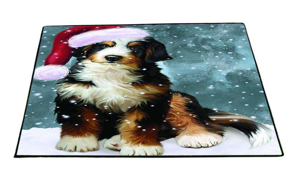 Let it Snow Christmas Holiday Bernedoodle Dog Wearing Santa Hat Indoor/Outdoor Floormat