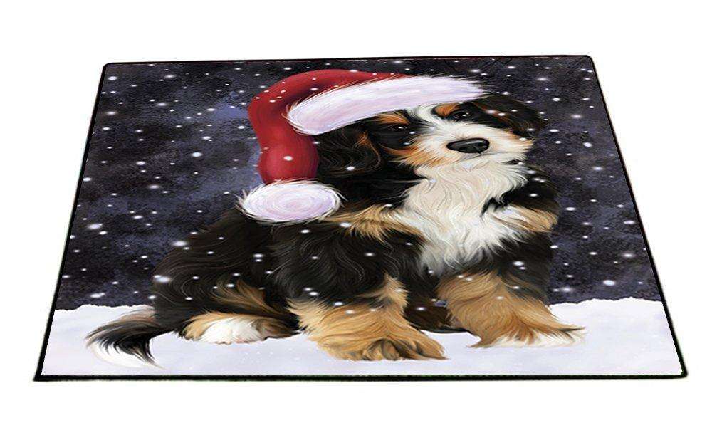 Let it Snow Christmas Holiday Bernedoodle Dog Wearing Santa Hat Indoor/Outdoor Floormat