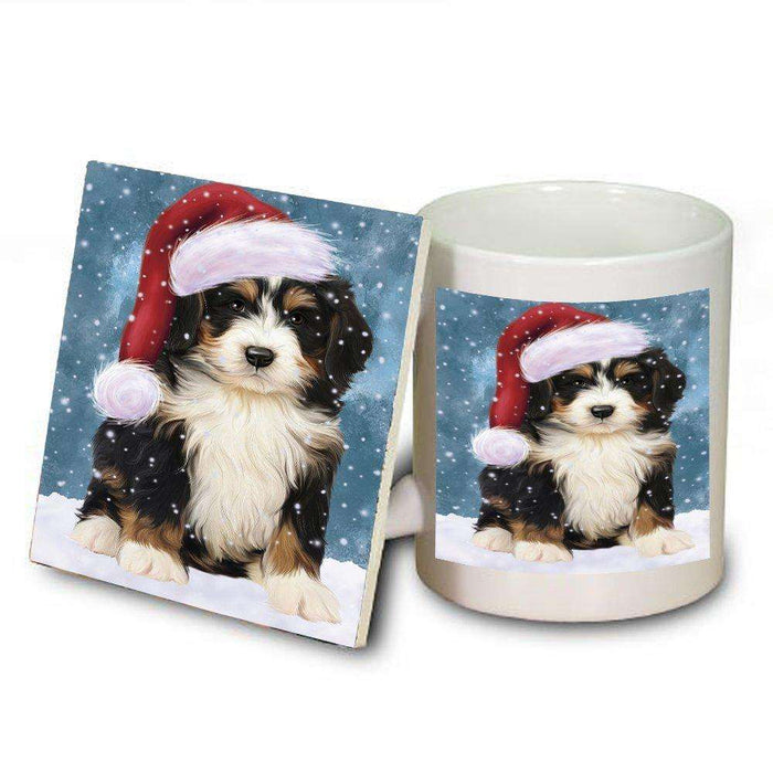 Let it Snow Christmas Holiday Bernedoodle Dog Wearing Santa Hat Mug and Coaster Set