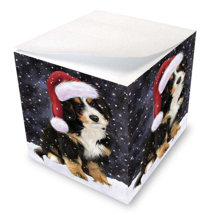 Let it Snow Christmas Holiday Bernedoodle Dog Wearing Santa Hat Note Cube D257