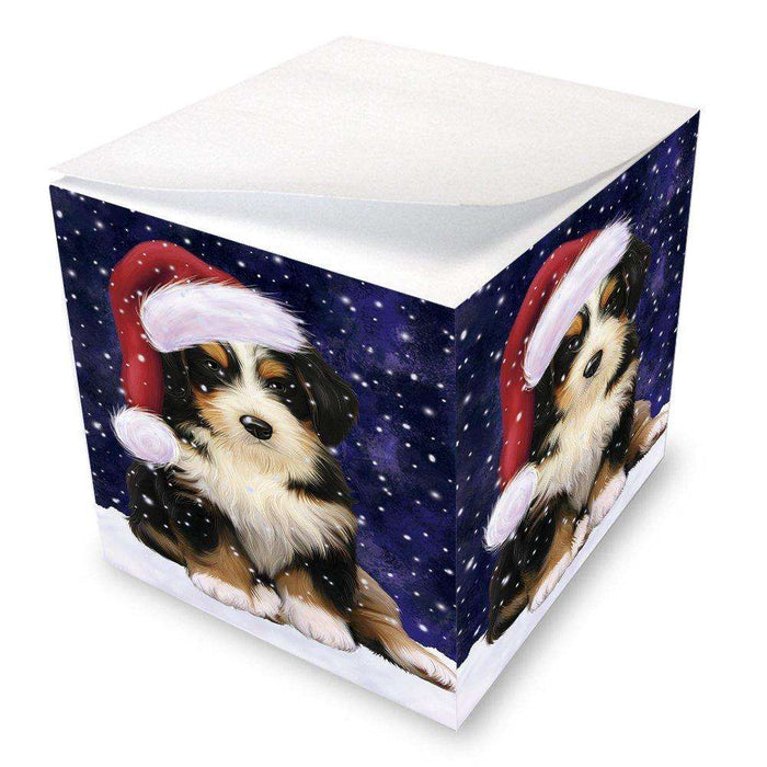 Let it Snow Christmas Holiday Bernedoodle Dog Wearing Santa Hat Note Cube D258