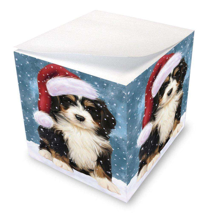 Let it Snow Christmas Holiday Bernedoodle Dog Wearing Santa Hat Note Cube D259