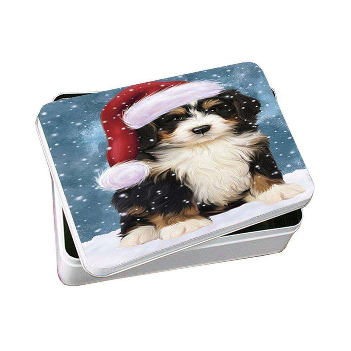 Let it Snow Christmas Holiday Bernedoodle Dog Wearing Santa Hat Photo Storage Tin