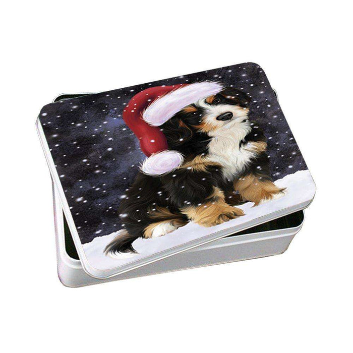 Let it Snow Christmas Holiday Bernedoodle Dog Wearing Santa Hat Photo Storage Tin