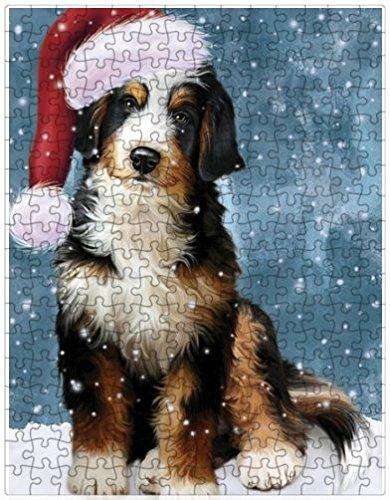 Let it Snow Christmas Holiday Bernedoodle Dog Wearing Santa Hat Puzzle with Photo Tin