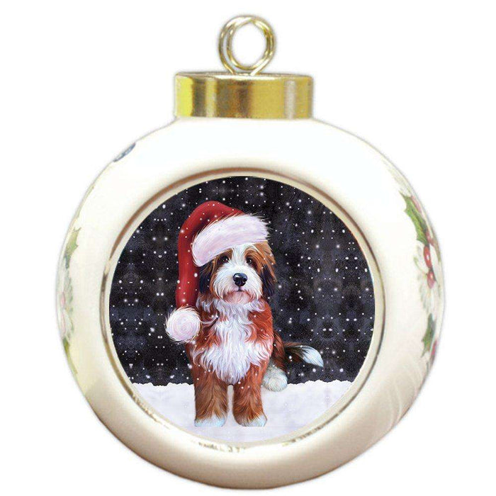 Let it Snow Christmas Holiday Bernedoodle Dog Wearing Santa Hat Round Ball Ornament D262