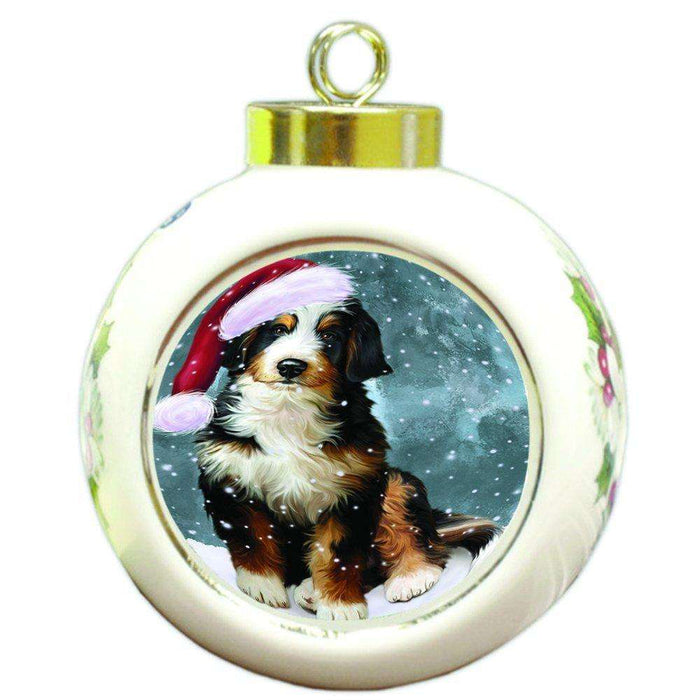 Let it Snow Christmas Holiday Bernedoodle Dog Wearing Santa Hat Round Ball Ornament D313