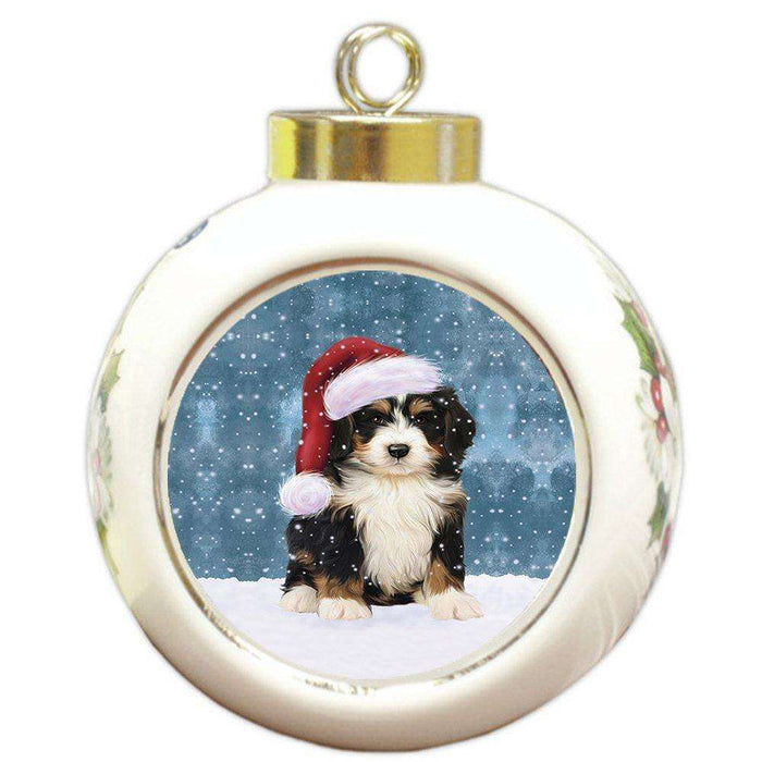 Let it Snow Christmas Holiday Bernedoodle Dog Wearing Santa Hat Round Ball Ornament