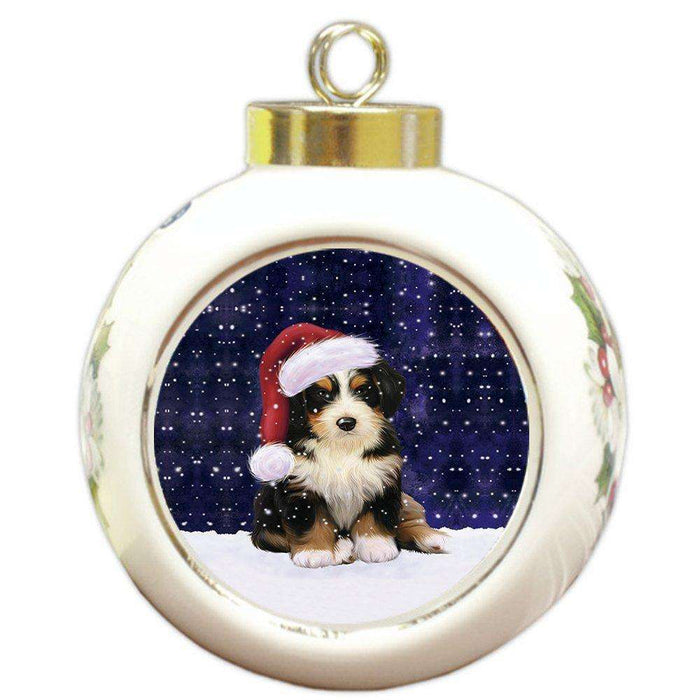 Let it Snow Christmas Holiday Bernedoodle Dog Wearing Santa Hat Round Ball Ornament