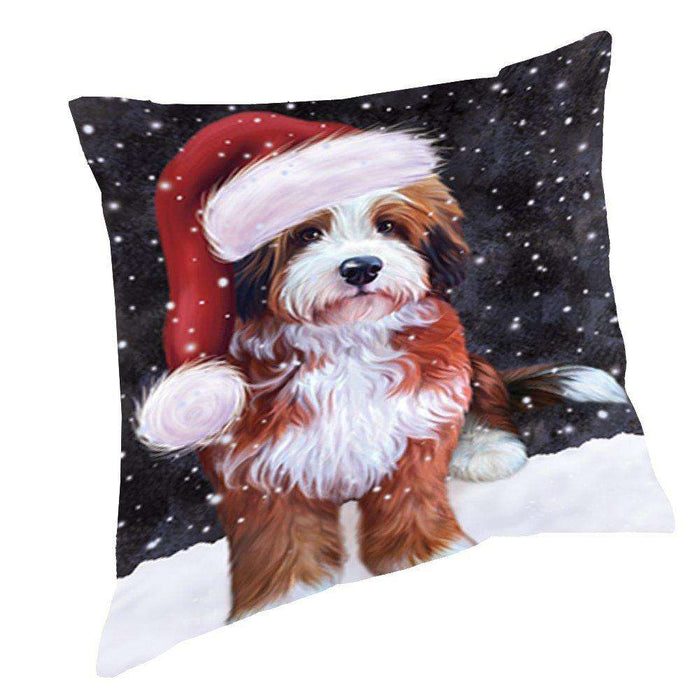 Let it Snow Christmas Holiday Bernedoodle Dog Wearing Santa Hat Throw Pillow D420