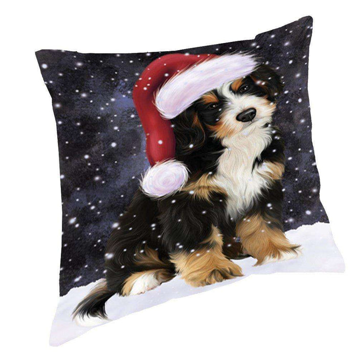 Let it Snow Christmas Holiday Bernedoodle Dog Wearing Santa Hat Throw Pillow