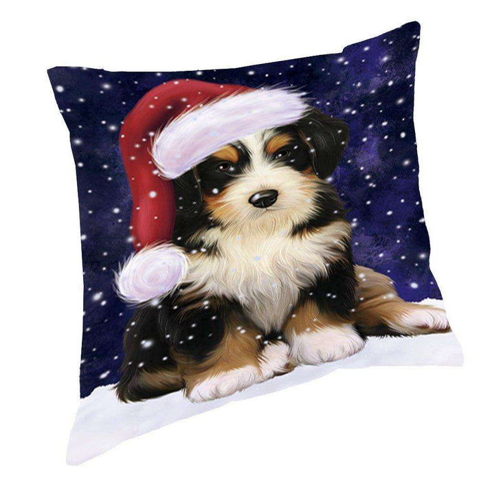 Let it Snow Christmas Holiday Bernedoodle Dog Wearing Santa Hat Throw Pillow