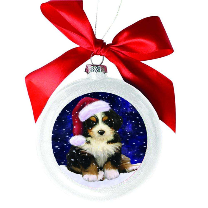 Let it Snow Christmas Holiday Bernedoodle Dog White Round Ball Christmas Ornament WBSOR48441