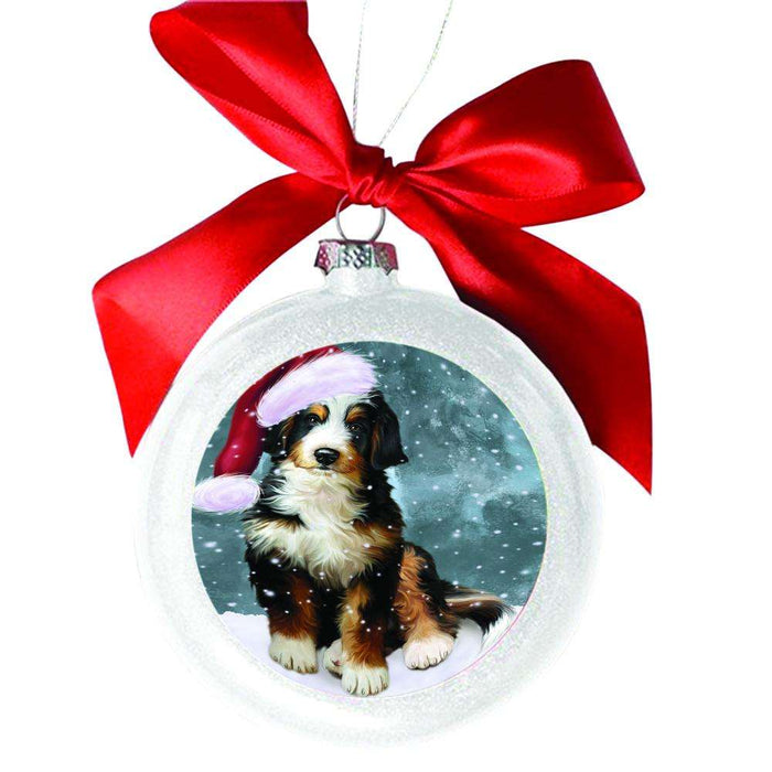 Let it Snow Christmas Holiday Bernedoodle Dog White Round Ball Christmas Ornament WBSOR48442