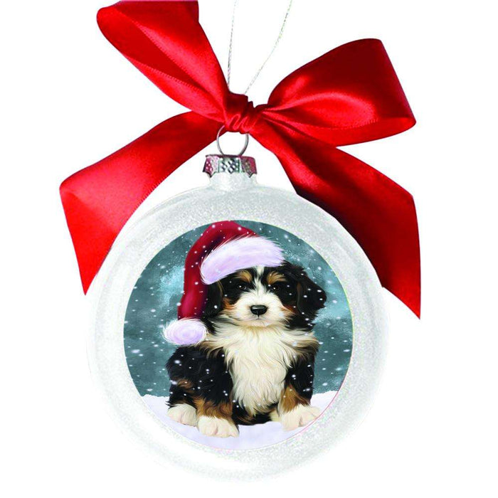 Let it Snow Christmas Holiday Bernedoodle Dog White Round Ball Christmas Ornament WBSOR48443