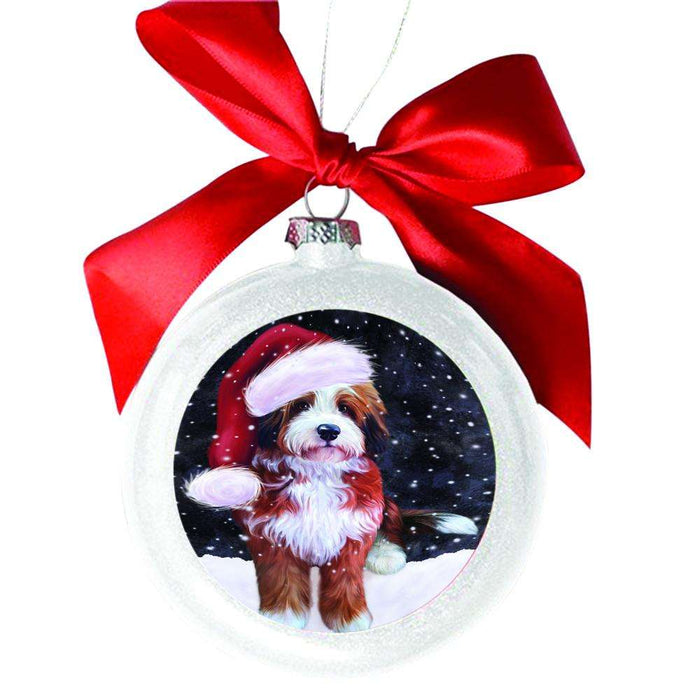 Let it Snow Christmas Holiday Bernedoodle Dog White Round Ball Christmas Ornament WBSOR48444