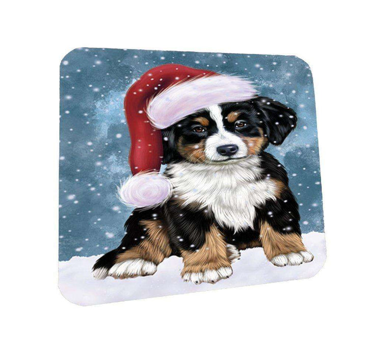 Let it Snow Christmas Holiday Bernese Dog Wearing Santa Hat Coasters Set of 4