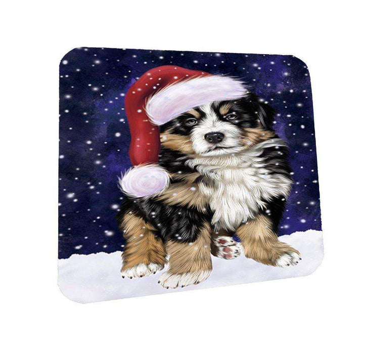 Let it Snow Christmas Holiday Bernese Dog Wearing Santa Hat Coasters Set of 4