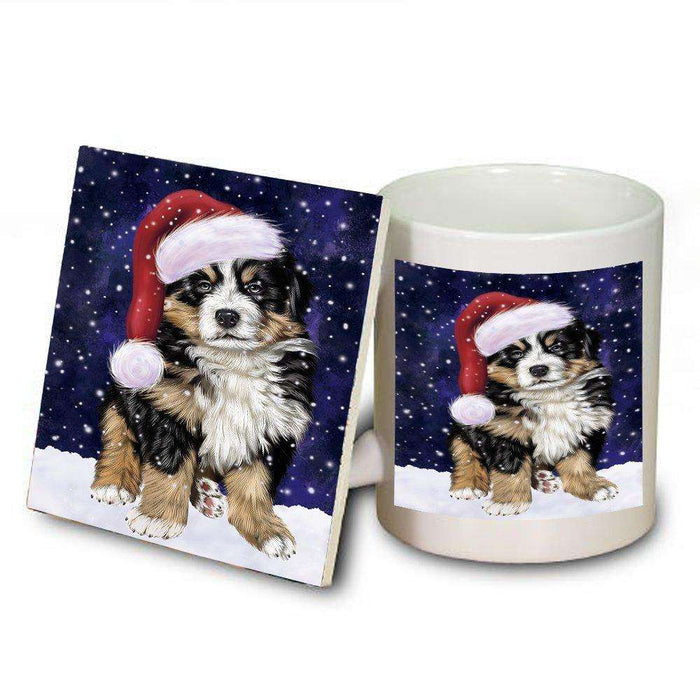 Let it Snow Christmas Holiday Bernese Dog Wearing Santa Hat Mug and Coaster Set