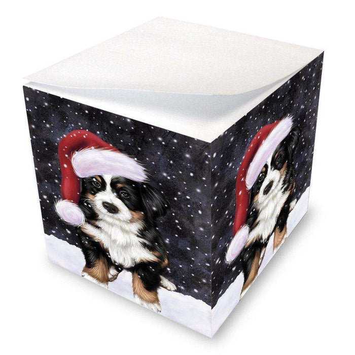 Let it Snow Christmas Holiday Bernese Dog Wearing Santa Hat Note Cube D260
