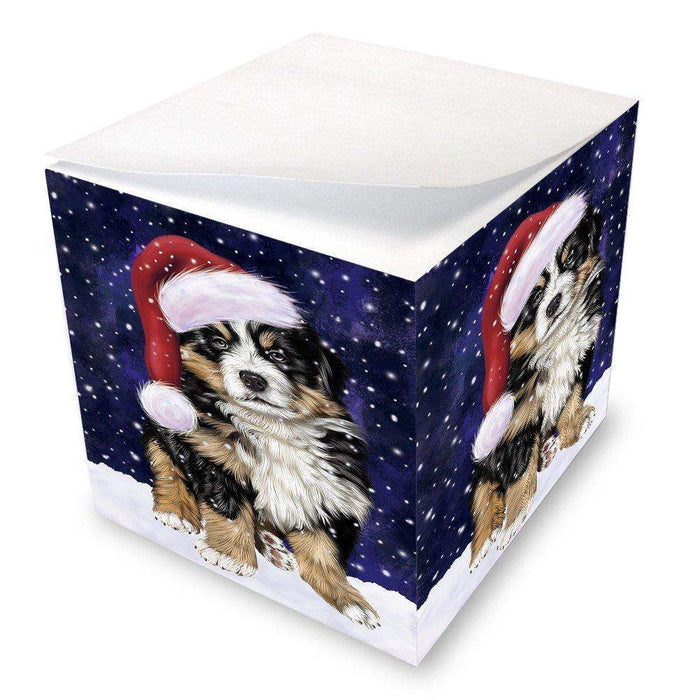 Let it Snow Christmas Holiday Bernese Dog Wearing Santa Hat Note Cube D261