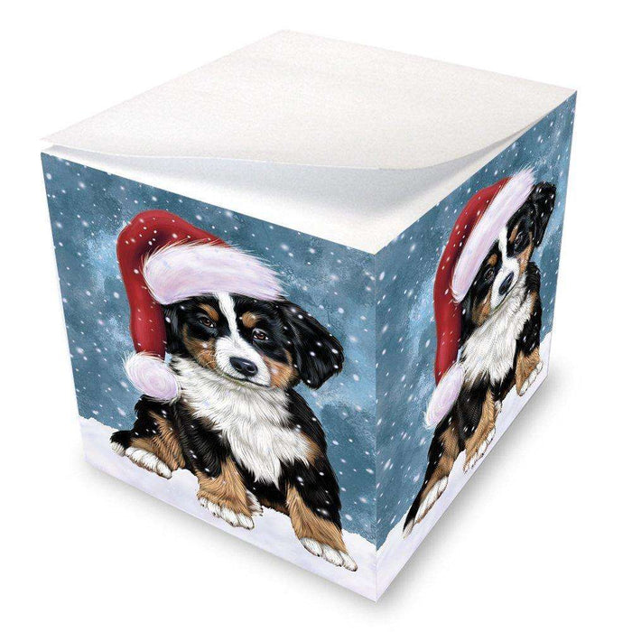 Let it Snow Christmas Holiday Bernese Dog Wearing Santa Hat Note Cube D262