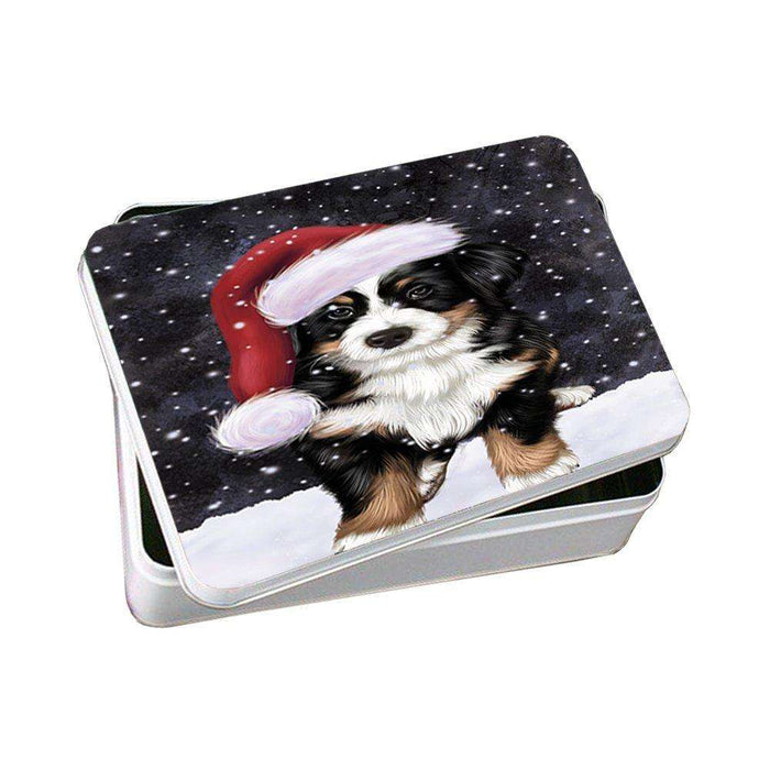 Let it Snow Christmas Holiday Bernese Dog Wearing Santa Hat Photo Storage Tin