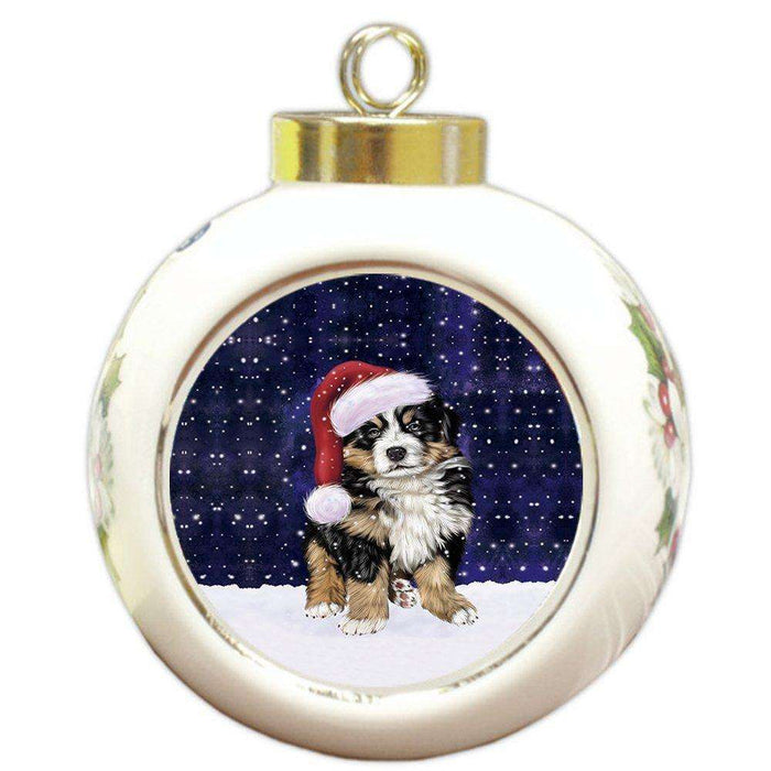 Let it Snow Christmas Holiday Bernese Dog Wearing Santa Hat Round Ball Ornament