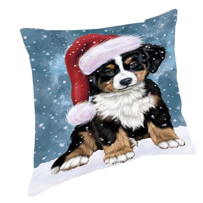 Let it Snow Christmas Holiday Bernese Dog Wearing Santa Hat Throw Pillow