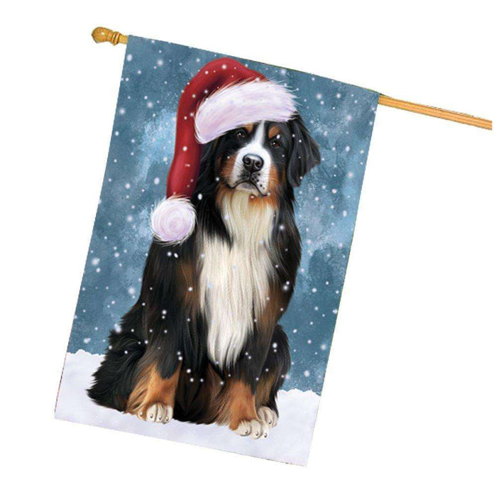 Let it Snow Christmas Holiday Bernese Mountain Dog Wearing Santa Hat House Flag