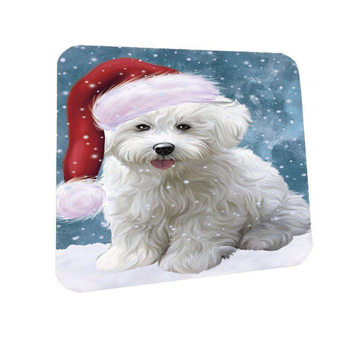 Let it Snow Christmas Holiday Bichon Frise Dog Wearing Santa Hat Coasters Set of 4