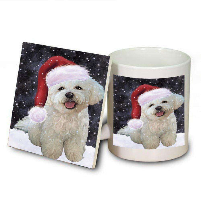 Let it Snow Christmas Holiday Bichon Frise Dog Wearing Santa Hat Mug and Coaster Set